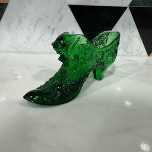 Vintage Fenton Dark Green Cat Head Glass Slipper
